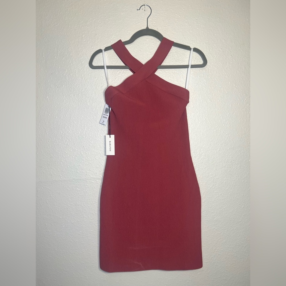 Babaton Cross-Strap Ribbed Bodycon Dress in Deep Red